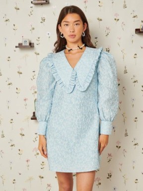sister jane Keepsake Jacquard Mini Dress in Pastel Blue – DELIGHTFUL THINGS – balloon sleeve dresses – oversized collar clothing – feminine fashion - flipped