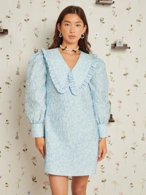 sister jane Keepsake Jacquard Mini Dress in Pastel Blue – DELIGHTFUL THINGS – balloon sleeve dresses – oversized collar clothing – feminine fashion
