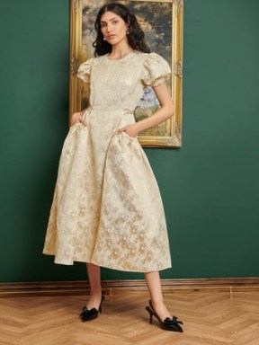 sister jane DREAM Ornament Jacquard Midi Dress in Pale Gold – romantic puff sleeve party dresses – floral occasion fashion