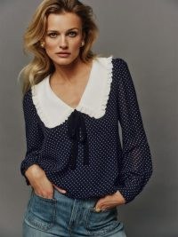 Reformation Edalene Top in Button – navy and white spot print tops – oversized collar polka dot blouse