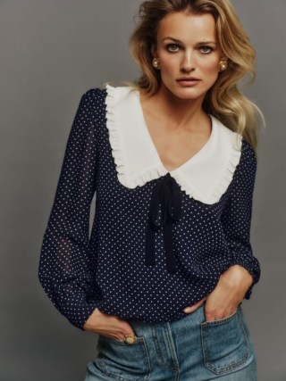 Reformation Edalene Top in Button – navy and white spot print tops – oversized collar polka dot blouse - flipped