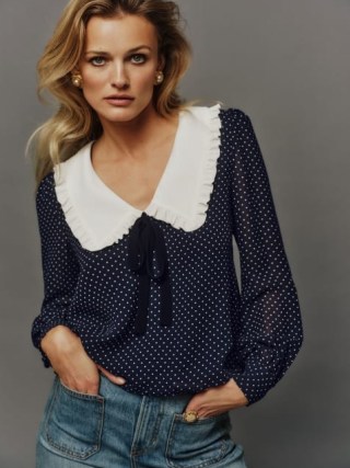 Reformation Edalene Top in Button – navy and white spot print tops – oversized collar polka dot blouse