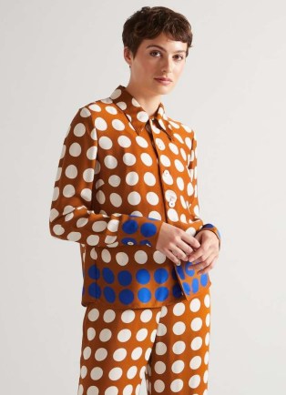 L.K. BENNETT Elise Caramel, Cream And Blue Graphic Spot Shirt / women’s brown polka dot shirts - flipped