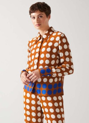 L.K. BENNETT Elise Caramel, Cream And Blue Graphic Spot Shirt / women’s brown polka dot shirts
