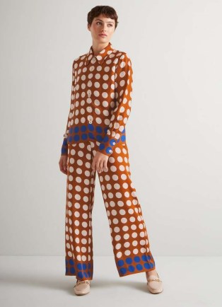 L.K. BENNETT Elise Caramel, Cream And Blue Graphic Spot Trousers / women’s pyjama style palazzo pants / polka dot clothing - flipped