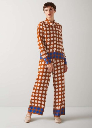 L.K. BENNETT Elise Caramel, Cream And Blue Graphic Spot Trousers / women’s pyjama style palazzo pants / polka dot clothing