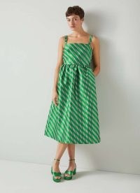 L.K. Bennett Elodie Green Metallic Geometric Dress | luxe retro inspired party dresses | women’s luxury occasionwear | vintage style fashion