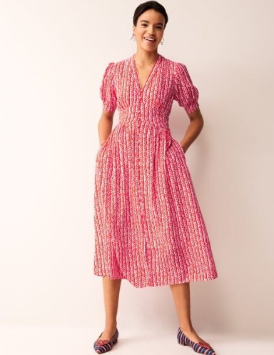 Boden Elsa Midi Tea Dress in Orchid Pink, Abstract Heart ~ short sleeve fit and flare midi dresses - flipped