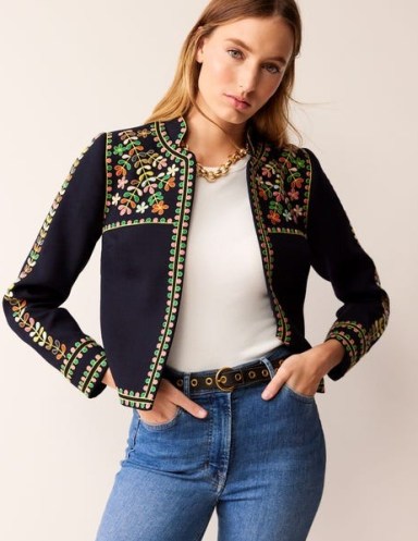 BODEN Embroidered Icon Jacket in Navy / women’s dark blue open front jackets / floral outerwear - flipped