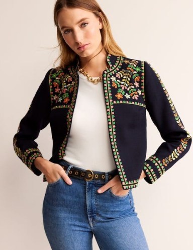 BODEN Embroidered Icon Jacket in Navy / women’s dark blue open front jackets / floral outerwear