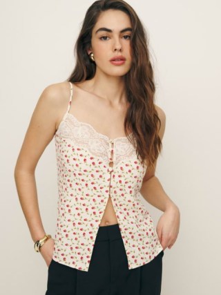 Reformation Esmeralda Top in Madison / floral cami / strappy lace trimmed tops - flipped