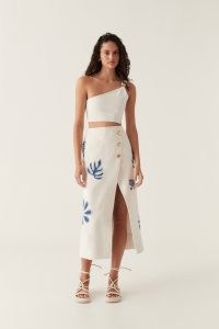 Esprit Embroidered Midi Skirt in Ivory Blue – cotton A-line skirts – asymmetric front – women’s summer vacation clothing