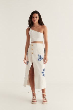 Esprit Embroidered Midi Skirt in Ivory Blue – cotton A-line skirts – asymmetric front – women’s summer vacation clothing - flipped