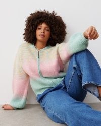 OLIVER BONAS Fairisle Ombre Knitted Bomber Jacket ~ women’s pink multi zip up cardigan ~ womens pastel knitwear