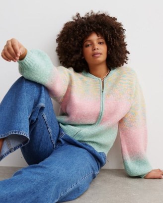 OLIVER BONAS Fairisle Ombre Knitted Bomber Jacket ~ women’s pink multi zip up cardigan ~ womens pastel knitwear - flipped