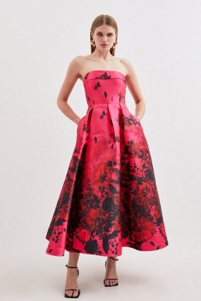 KAREN MILLEN Floral Print Satin Twill Woven Prom Dress / sleeveless fit and flare party dresses / romantic evening event fashion - flipped