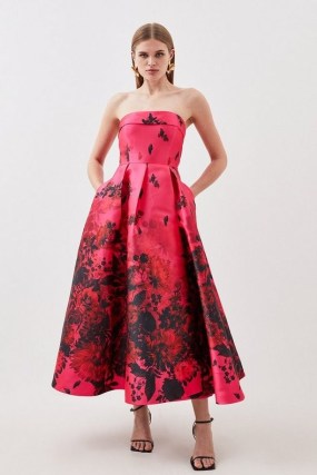 KAREN MILLEN Floral Print Satin Twill Woven Prom Dress / sleeveless fit and flare party dresses / romantic evening event fashion