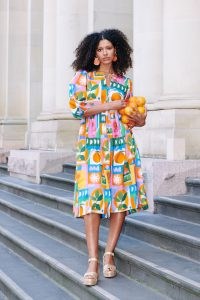 gorman x Lola Avigliano Fruit Market Scarf Dress / women’s floaty balloon sleeve dresses