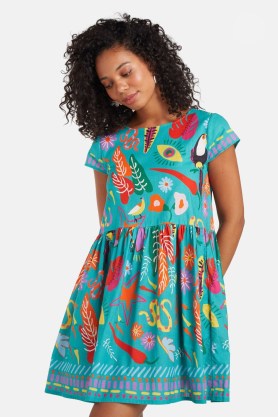 gorman Fuego Beach Dress – women’s printed relaxed fit cap sleeve dresses – organic cotton clothing - flipped