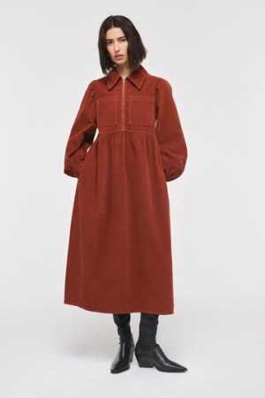 ALIGNE GABRIELLA CORD ZIP NECK MIDI DRESS in TOFFEE ~ brown corduroy vintage style dresses - flipped