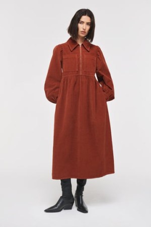 ALIGNE GABRIELLA CORD ZIP NECK MIDI DRESS in TOFFEE ~ brown corduroy vintage style dresses