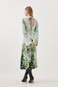 KAREN MILLEN Garden Floral Woven Viscose Satin Midi Dress in Blue / long sleeve open back detail dresses / cut out occasion fashion / split sleeves