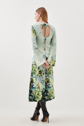 KAREN MILLEN Garden Floral Woven Viscose Satin Midi Dress in Blue / long sleeve open back detail dresses / cut out occasion fashion / split sleeves