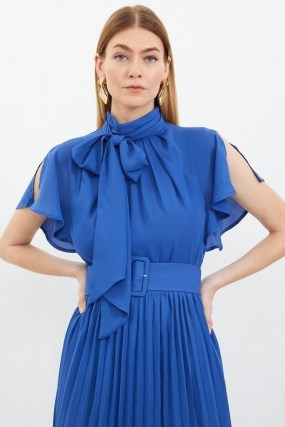 KAREN MILLEN Georgette Pussy Bow Tie Woven Midi Dress in Cobalt – women’s blue romantic pussybow neck detail dresses - flipped