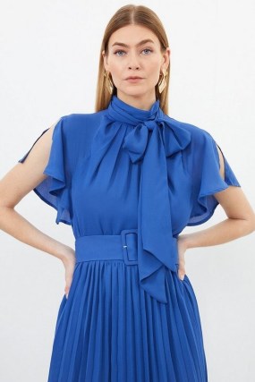 KAREN MILLEN Georgette Pussy Bow Tie Woven Midi Dress in Cobalt – women’s blue romantic pussybow neck detail dresses