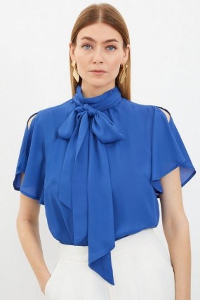 Georgette Woven Tie Neck Ruffle Blouse in Cobalt – floaty split sleeve blouses with neck tie – pussy bow fashion – romantic pussybow tops - flipped