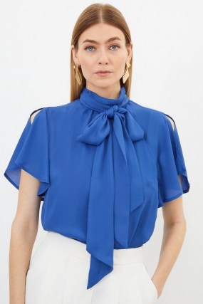 Georgette Woven Tie Neck Ruffle Blouse in Cobalt – floaty split sleeve blouses with neck tie – pussy bow fashion – romantic pussybow tops
