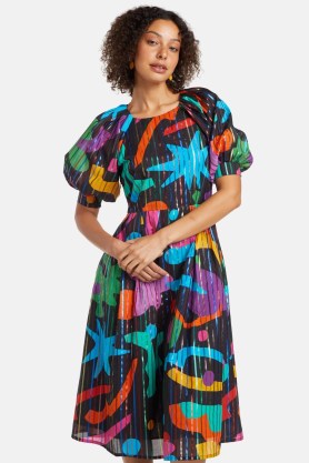 gorman Glitter Magic Rocks Dress / women’s puff sleeve printed dresses / lurex detail fashion / shimmering metallic fibre clothing - flipped