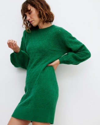 OLIVER BONAS Green Stitch Knitted Mini Jumper Dress ~ women’s short length pointelle knit sweater dresses - flipped