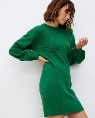 OLIVER BONAS Green Stitch Knitted Mini Jumper Dress ~ women’s short length pointelle knit sweater dresses