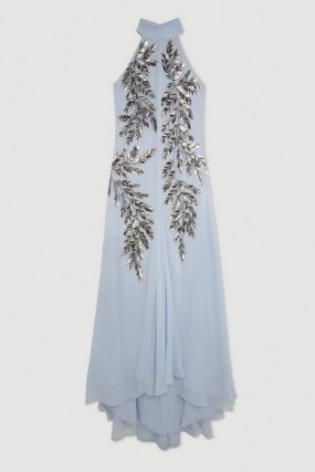 KAREN MILLEN Halter Neck Feather Sequin Detail Woven Maxi Dress in Blue – sequinned dip hem occasion dresses - flipped