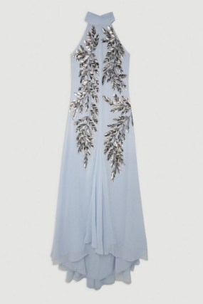 KAREN MILLEN Halter Neck Feather Sequin Detail Woven Maxi Dress in Blue – sequinned dip hem occasion dresses