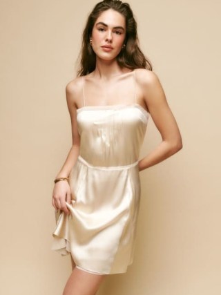 Reformation Irene Silk Dress in Almond / luxe silky slip dresses / skinny shoulder strap fashion / luxury strappy clothes - flipped