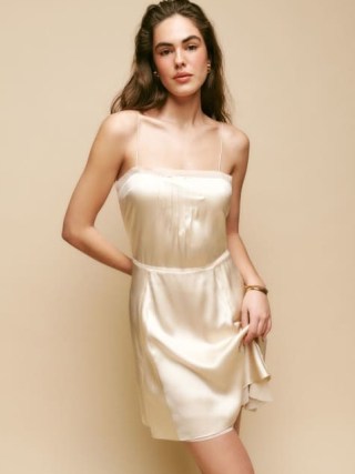 Reformation Irene Silk Dress in Almond / luxe silky slip dresses / skinny shoulder strap fashion / luxury strappy clothes