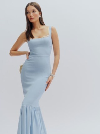 Reformation Irisa Dress in Mineral – light blue sleeveless fitted bodice dresses