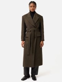 JIGSAW Italian Wool Maxi Coat in Brown ~ women’s luxury longline tie waist coats ~ oversized shoulders
