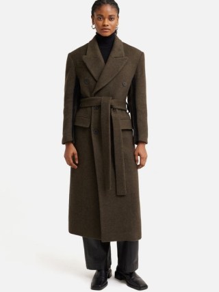 JIGSAW Italian Wool Maxi Coat in Brown ~ women’s luxury longline tie waist coats ~ oversized shoulders - flipped