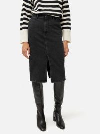 Jigsaw Denim Split Midi Skirt in Washed Black | women’s front slit skirts