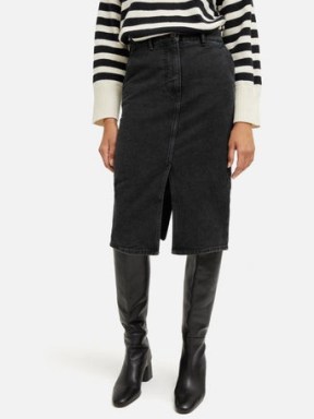 Jigsaw Denim Split Midi Skirt in Washed Black | women’s front slit skirts - flipped
