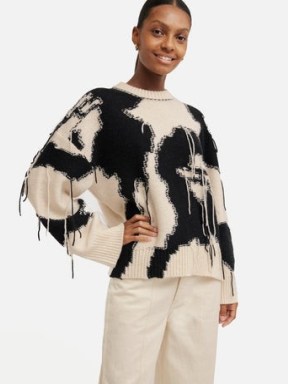 Jigsaw Floral Intarsia Jumper in Monochrome | women’s black and cream fringe detail jumpers | womens relaxed patterned sweater - flipped
