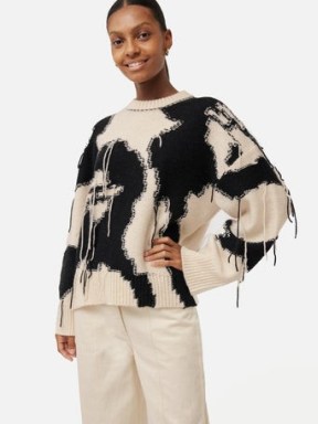 Jigsaw Floral Intarsia Jumper in Monochrome | women’s black and cream fringe detail jumpers | womens relaxed patterned sweater