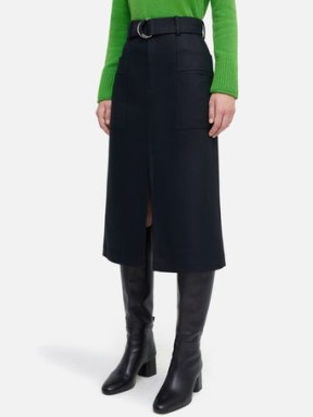 Jigsaw Wool Belted Utility Skirt in Navy | women’s dark blue side pocket skirts | front split detail | utilitarian style fashion - flipped