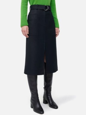 Jigsaw Wool Belted Utility Skirt in Navy | women’s dark blue side pocket skirts | front split detail | utilitarian style fashion