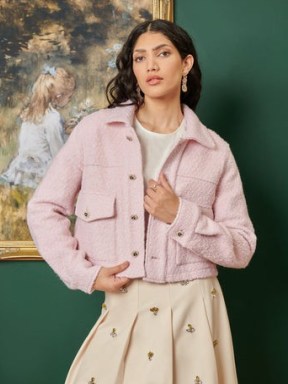sister jane DREAM Pastel Cropped Jacket in Powder Pink – women’s textured boucle jackets – A NIGHT AT THE MUSEUM Collection - flipped