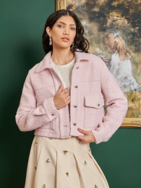 sister jane DREAM Pastel Cropped Jacket in Powder Pink – women’s textured boucle jackets – A NIGHT AT THE MUSEUM Collection