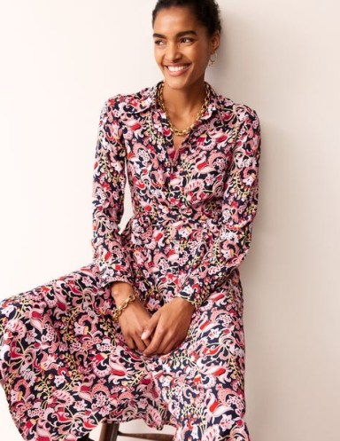 BODEN Kate Midi Shirt Dress in Soft Peony, Sweet Pea / pink collared tie waist dresses / women’s floral clothing - flipped